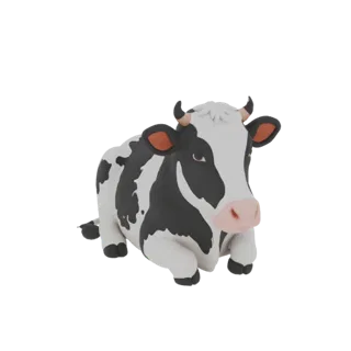 Una renderizzazione 3D di una mucca bianca e nera stilizzata e carina sdraiata con la testa leggermente sollevata, che guarda