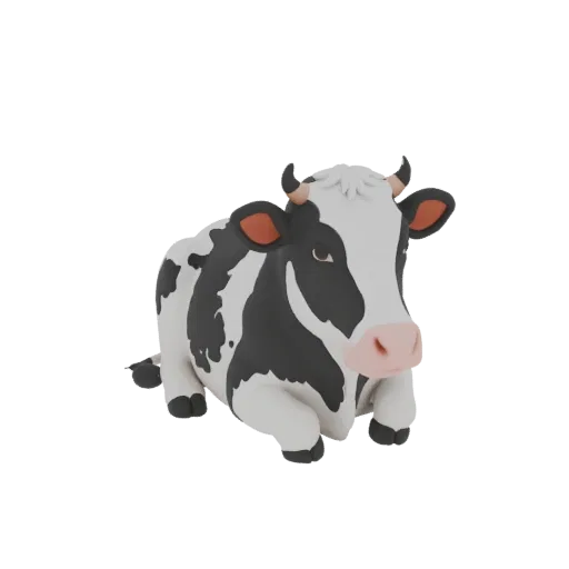 A 3D render of a cute, stylized black and white cow lying down with its head slightly raised, looking towards the viewer.