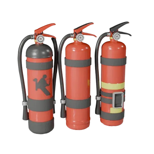 Utility Fire Extinguisher Realistic 3D model, three-quarter studio render, showing plastic shells, form detail.
