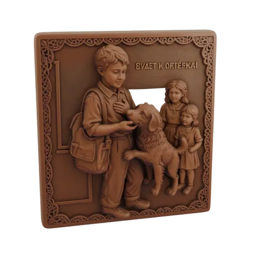 3D model of a relief sculpture showing a boy petting his dog, with two sisters behind them, framed by an ornate border.