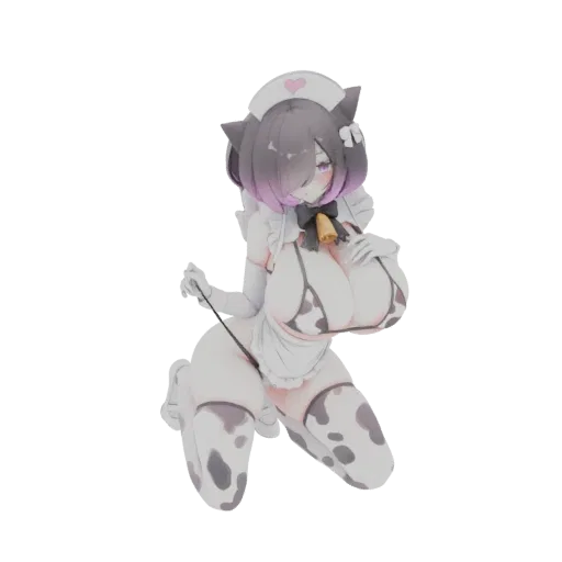 3D model of a cow nurse anime character with black and pink hair, wearing a nurse outfit with cow print details and a bell.