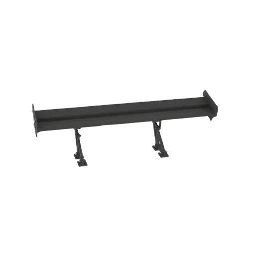 3D model of a dark gray racing car spoiler with two mounting brackets, presented on a black background.