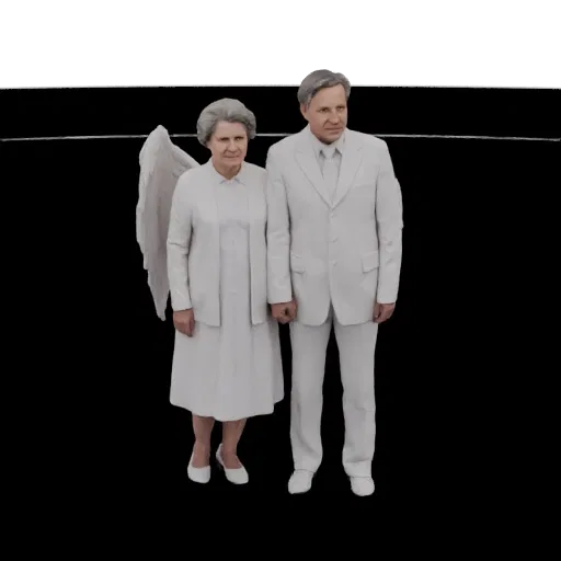 3D model of an angelic couple, one with wings, dressed in white suits, standing against a black background.