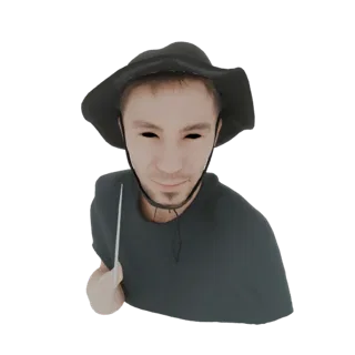 3D model render of a cowboy figure with a black hat, black eyes, and a knife held in its hand, against a white background.
