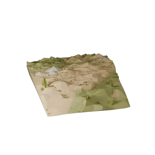 Dry Steppe Biome Low Poly 3D model, game viewport three-quarter view, showing terrain layers, dune ridges.