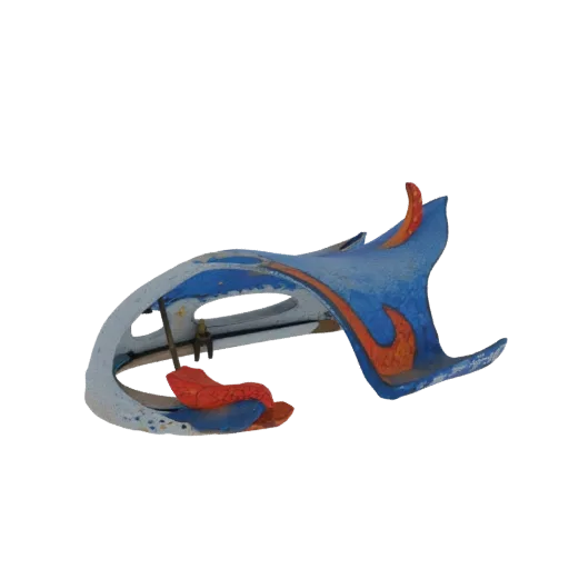 3D render of an abstract sculpture with blue, orange, and white colors, featuring flame and stripe designs.