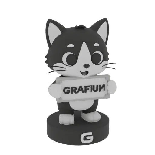 3D render of a black and white cartoon cat mascot holding a sign that says GRAFIUM, standing on a base with a G logo.