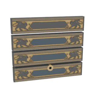 3D model of a four-drawer chest with dark grey drawers and ornate gold trim featuring griffin reliefs on each drawer front.