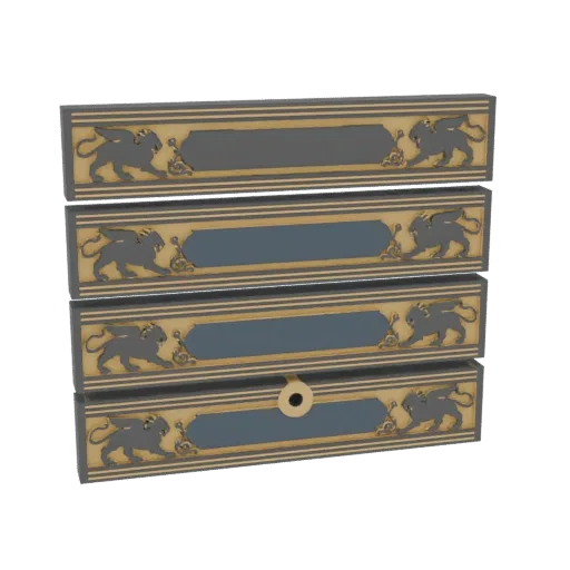 Modelo 3D de cofre de cuatro cajones con cajones gris oscuro y borde dorado ornamentado con relieves de grifo en cada frontal.