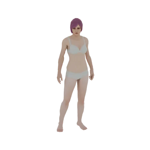 3D model of a female figure wearing white lingerie, standing with arms at her sides.