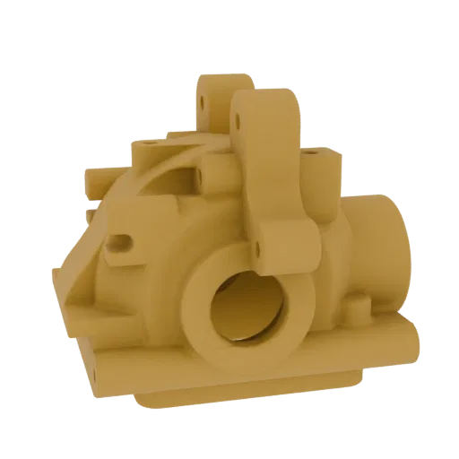 3D render of a detailed industrial gearbox housing with mounting brackets, presented on a black background.