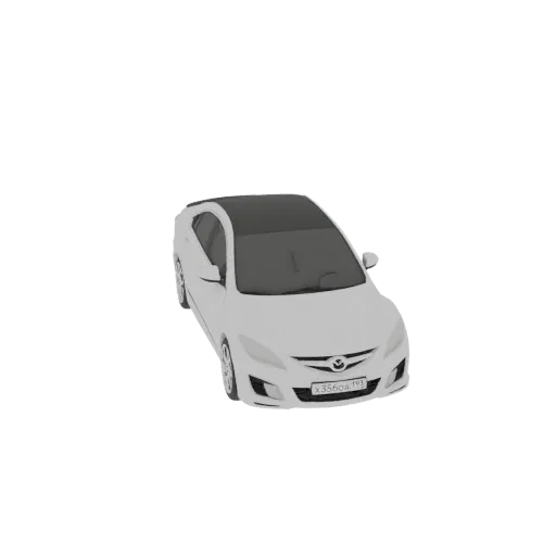 3D model of a white Mazda 6 sedan, viewed from a slightly elevated front-right angle against a black background.