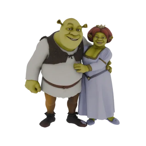 3D-Modell von Shrek und Prinzessin Fiona stehen zusammen, lächelnd und sich umarmend.