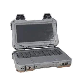 Rugged Portable Workstation Stylized 3D model, stylized isometric render, showing brushed metal, open lid angle.