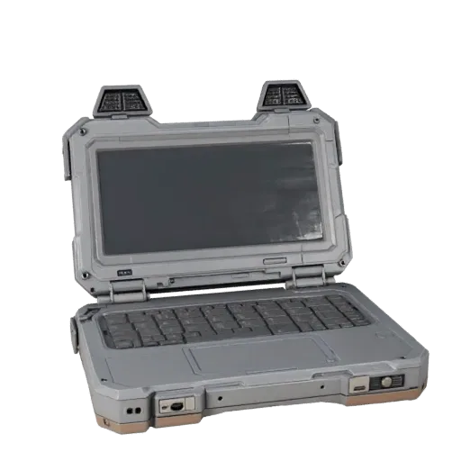 Rugged Portable Workstation Stylized 3D model, stylized isometric render, showing brushed metal, open lid angle.