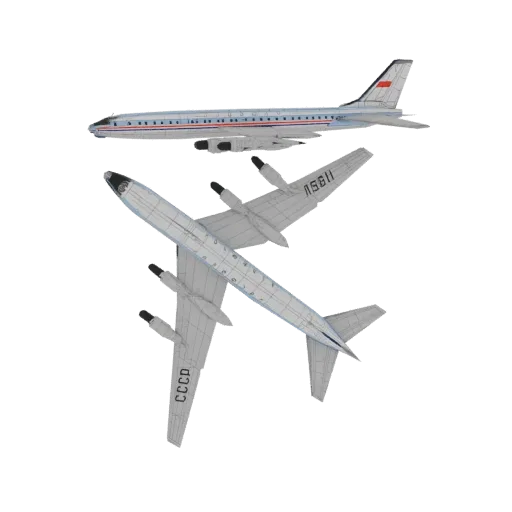 3D model of a Tupolev Tu-104 passenger jet, viewed from two angles against a black background, showing its white livery with