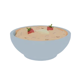 3D model of a light blue bowl filled with textured oatmeal, topped with two red strawberry slices and a dollop of yellow butt