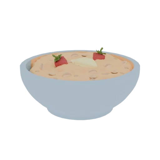 3D model of a light blue bowl filled with textured oatmeal, topped with two red strawberry slices and a dollop of yellow butt