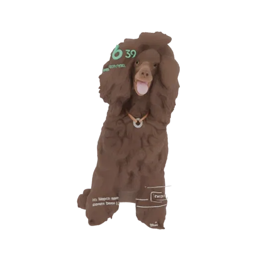 3D model render of a brown poodle figurine with curly fur, wearing a collar, and looking forward with its tongue out.