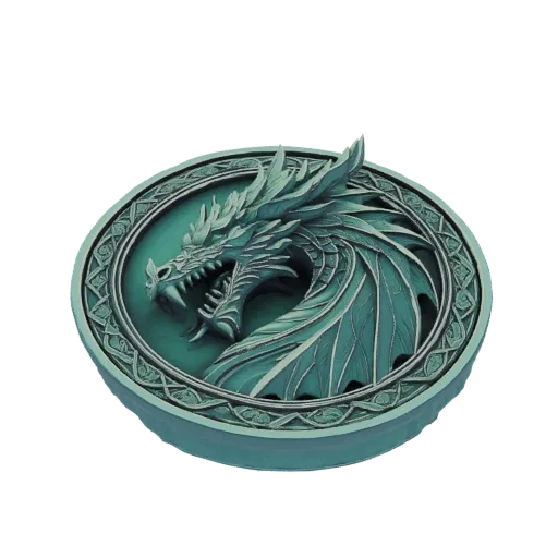 3D model render of a circular emblem featuring a detailed dragon head with open jaws and sharp teeth, in a teal-green hue.