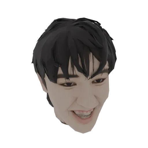 3D render of an AI-generated human head with black hair and a wide, grinning expression showing teeth with braces.