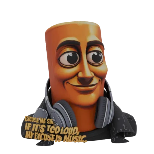 3D model of a stylized orange character head with large eyes, wearing headphones and a golden plaque that reads 'My Excuse is