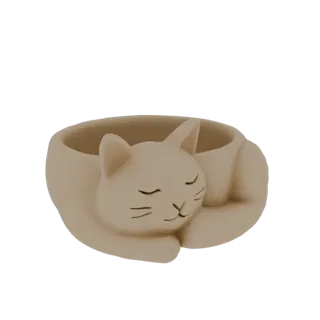3D model of a beige sleeping cat planter, curled up peacefully with closed eyes.