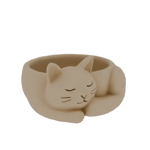 3D model of a beige sleeping cat planter, curled up peacefully with closed eyes.