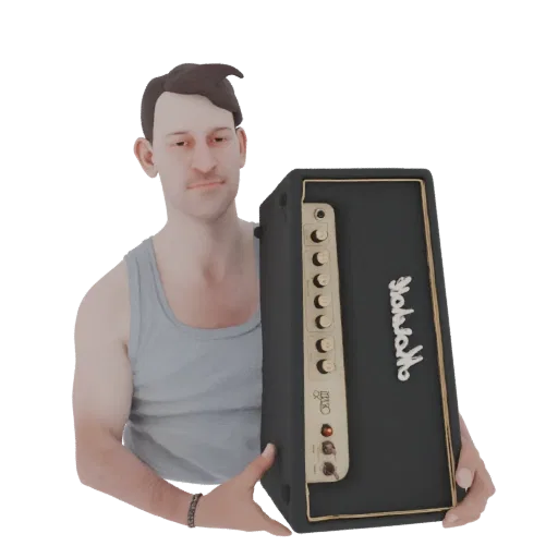 3D model of a man in a grey tank top holding a black Marshall guitar amplifier with gold lettering.