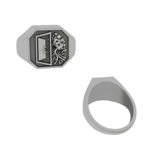 Render 3D di un anello sigillo ottagonale con una porta aperta e un dettagliato intaglio dell'Albero della Vita sulla sua fac