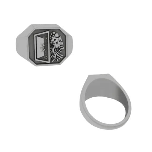 3D render of an octagonal signet ring with an open door and a detailed Tree of Life carving on its face.