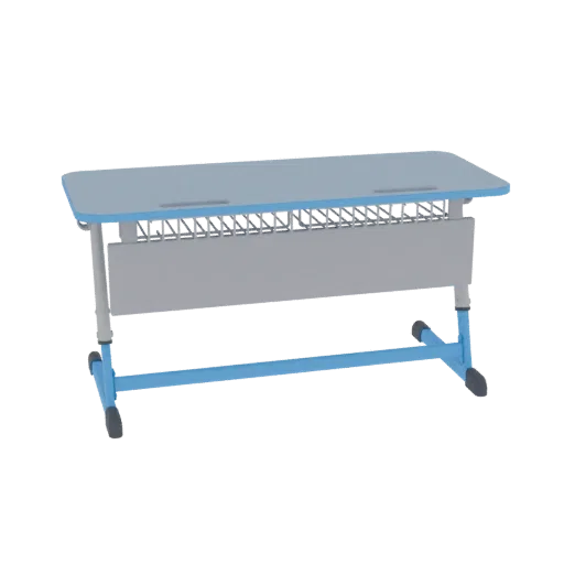 Modelo 3D de un escritorio estudiantil moderno con marco metálico azul, tablero gris y rejilla de almacenamiento debajo.