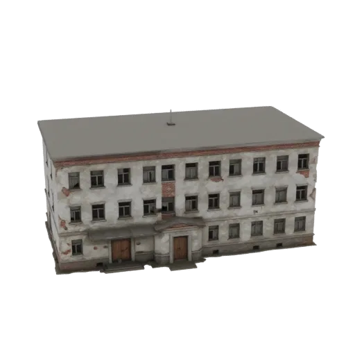 3D model of an old Soviet five-story building with peeling plaster and broken windows