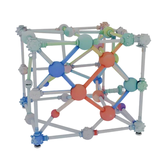 Organic Crystal Lattice Printable 3D model, isometric STL render, showing colored spheres, molecule layout.