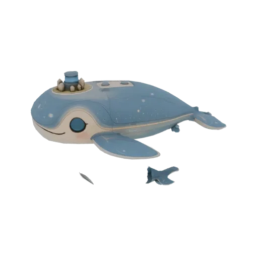 Una renderización 3D de un submarino lindo con forma de ballena azul claro con ojos grandes y una torreta decorativa en su es