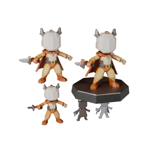 Maskottchen Fantasy Figur Low Poly 3D-Modell Vorschau zeigt Pose, Drei-Viertel-Spielansicht und Oberflächen detail