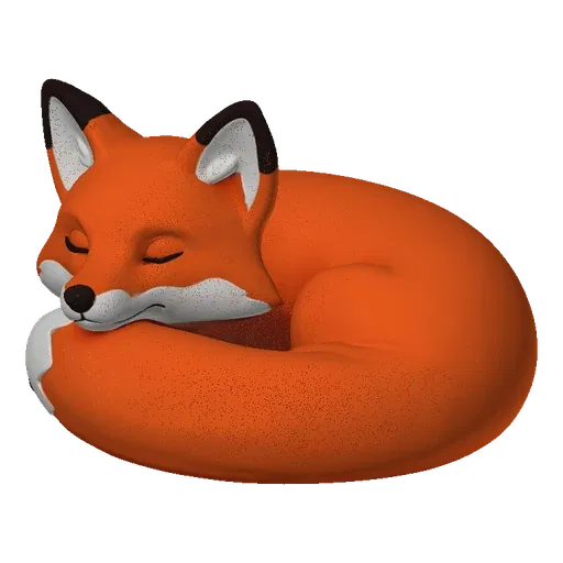 3D model of a cute, stylized fox sleeping curled up in a ball, with orange fur and white accents, on a black background.