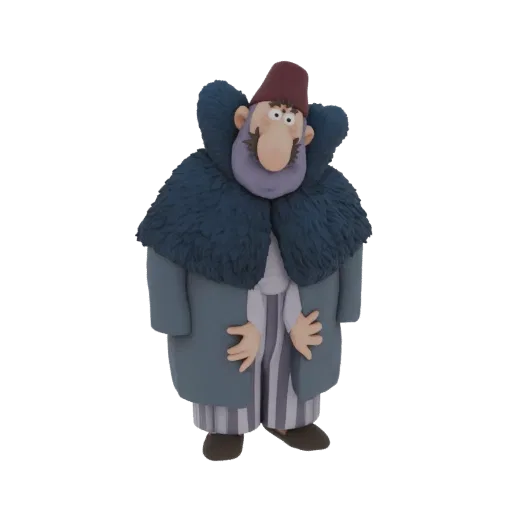 Modèle 3D d'un personnage en argile portant un pyjama rayé et un fez rouge, avec un col bleu moelleux, debout, mains sur les