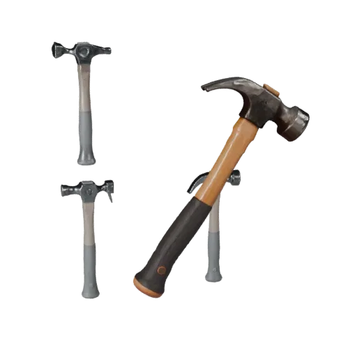 Worn Hammer 3D model, three-quarter front view, Unreal Engine viewport, showing painted metal, functional silhouettes.