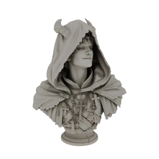 3D model render of a grey bust of a hooded figure with horns and many amulets hanging from chains around its neck.