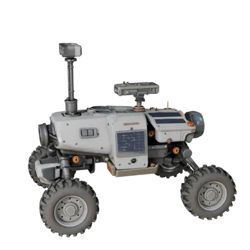 Mars Drone Scout 3D model, three-quarter front view, Unreal Engine viewport, showing dusty wheels, vehicle stance.