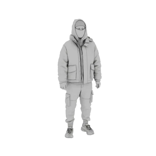 3D model of a person wearing a grey winter tactical outfit with a hooded jacket and cargo pants.