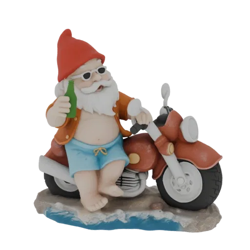 3D model of a Santa gnome wearing sunglasses and swim trunks, riding a red motorcycle on a beach base, holding a green bottle