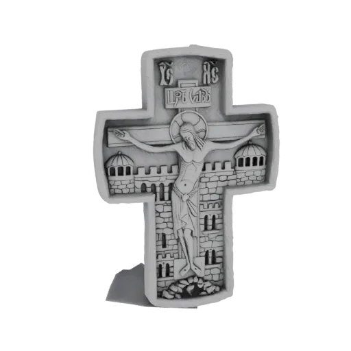 3D model of an Orthodox crucifix with detailed castle walls and battlements, featuring Christ on the cross.