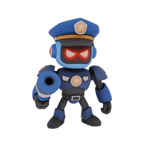 A stylized 3D model of a humanoid police robot with blue and black armor, a police cap, and glowing red eyes, holding a futur