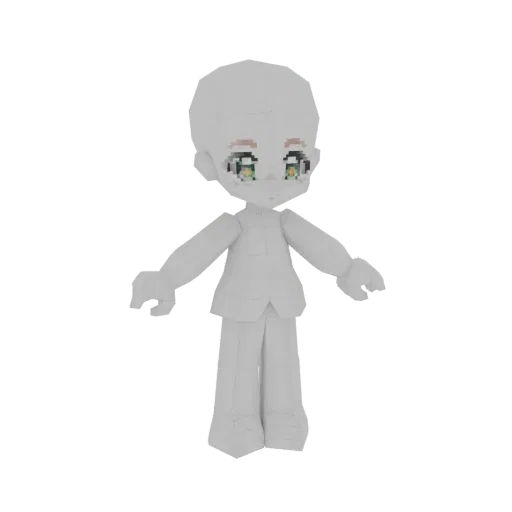 3D model of a Chibi character base mesh with large head, pixelated green eyes, and a simple body, presented on a white backgr