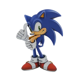 3D model of Sonic the Hedgehog giving a thumbs up gesture, with a friendly smile and green eyes, against a white background.
