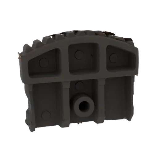 Modelo 3D de un componente de caja de engranajes industrial gris oscuro con engranajes visibles y detalles mecánicos, sobre u