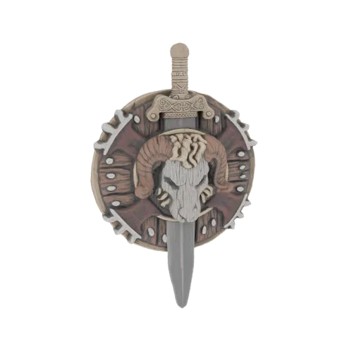 3D model of a Viking-style shield with a ram skull and a sword, rendered with a weathered, rustic aesthetic.