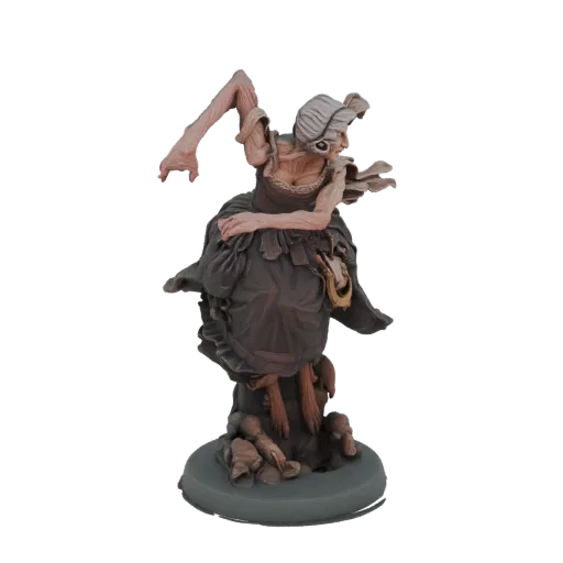 3D model render of a grotesque hag with tattered clothes, gnarled arms, and a sinister expression, standing on a detailed base.
